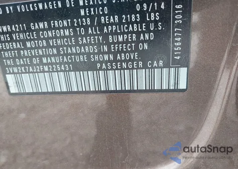 2015 Volkswagen Jetta 2.0L S из США, поврежденный, VIN 3VW2K7AJ2FM225431